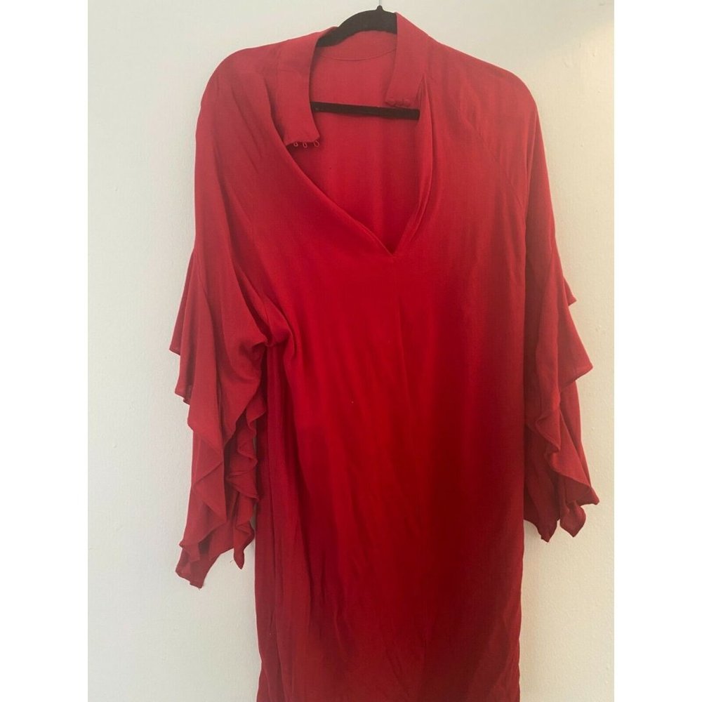 Women's Midi Dress Red Bell Sleeve Pullover Closure Mock Neck